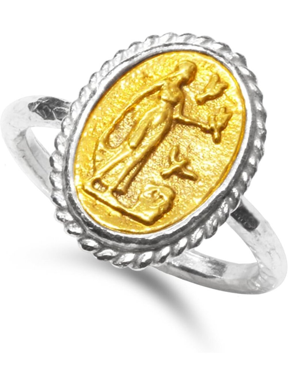 Two-Tone Hammered 925 Sterling Silver Ancient Greek Coin Signet Ring